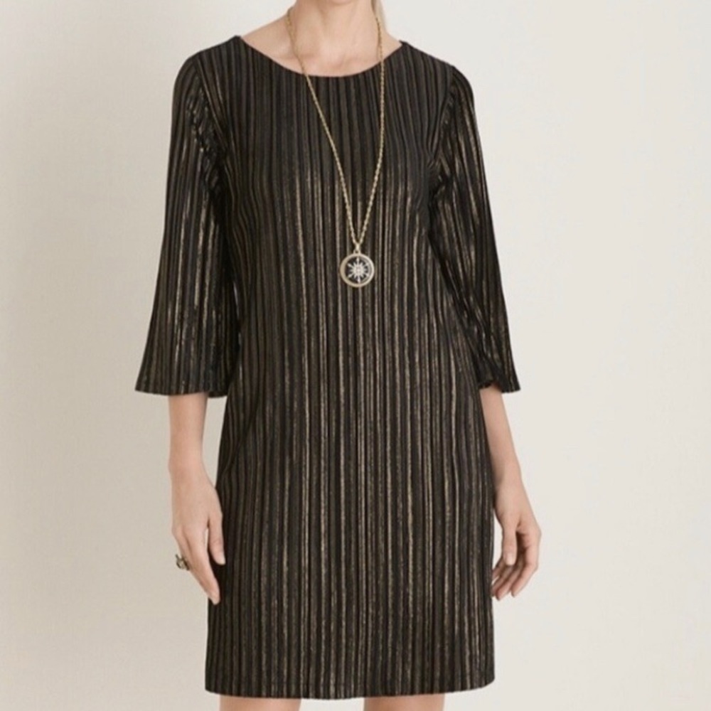 Chicos Striped Metallic Gold Black Velvet Shift Dress